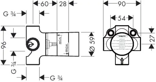 Hansgrohe Umstellventil mit mehreren Anschlussmöglichkeiten. Technische Zeichnung mit Maßen und Detailansichten, geeignet für Unterputzmontage.